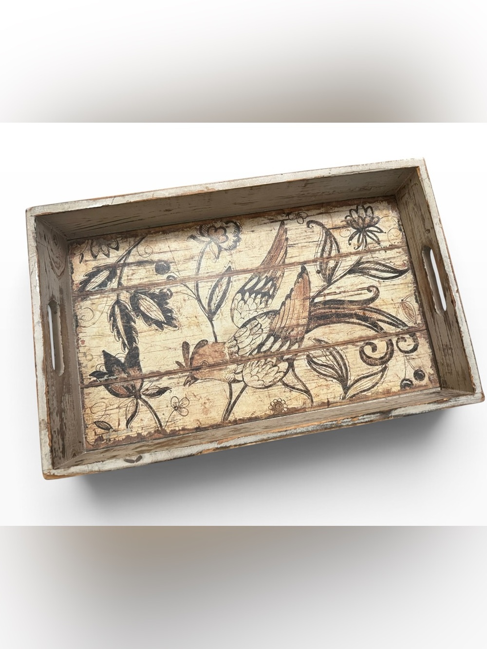 Hobby Lobby Distressed Wood Bird Floral Serving Tray Farmhouse Decor 16”